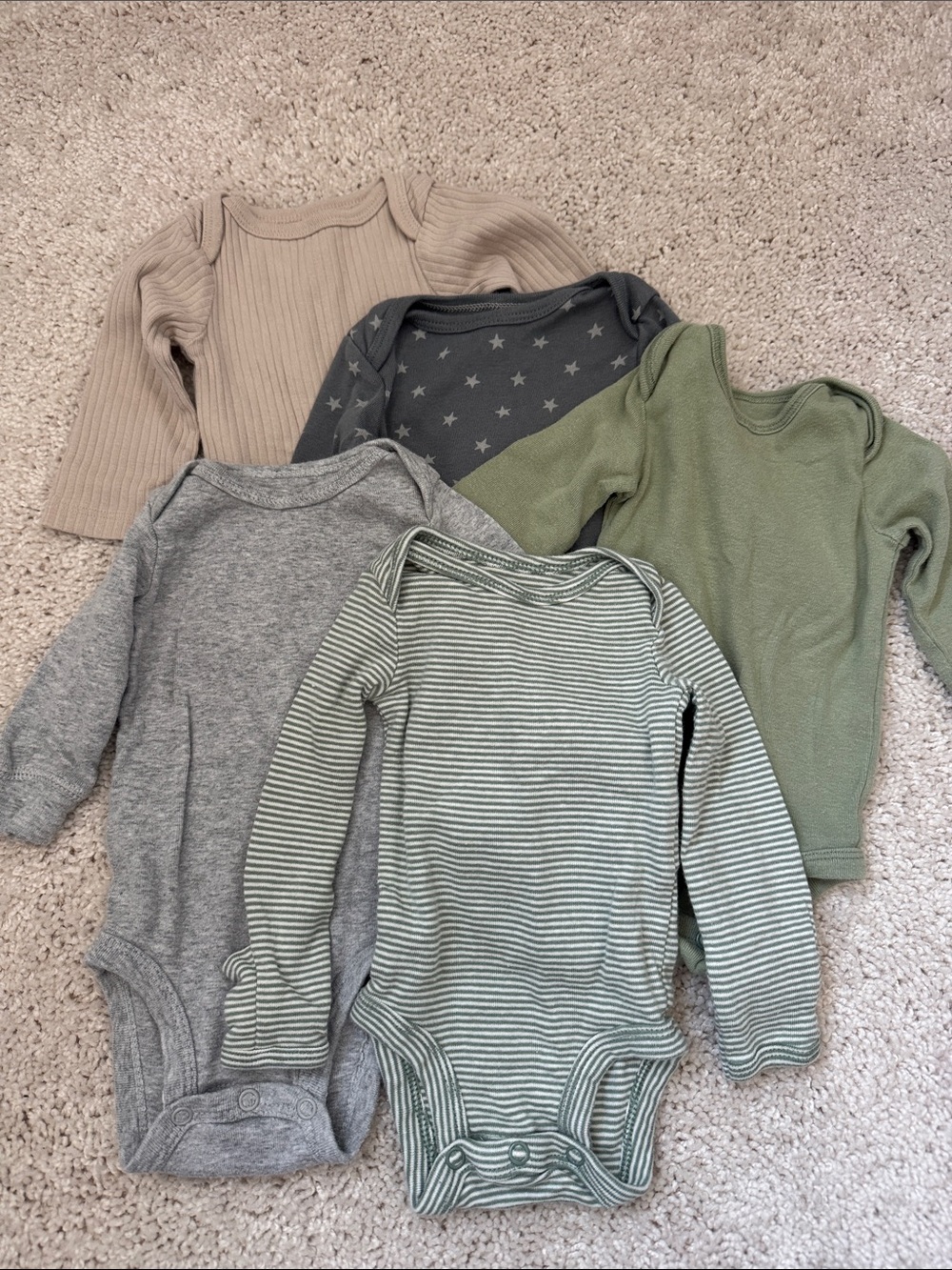 Set of Green, Gray and Cream Long-Sleeve Baby Bodysuits - check size in caption
